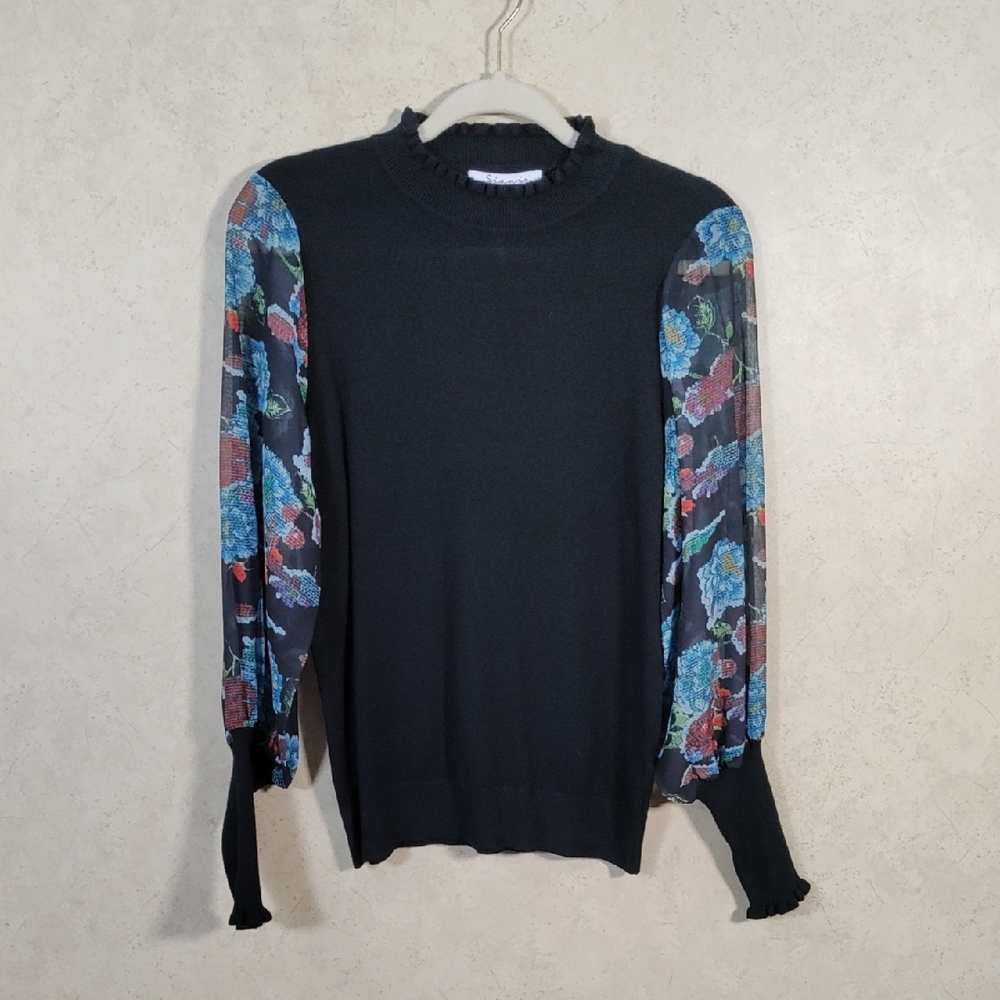H176 Sioni black ribbed sweater w/sheer floral print sleeves M NWT